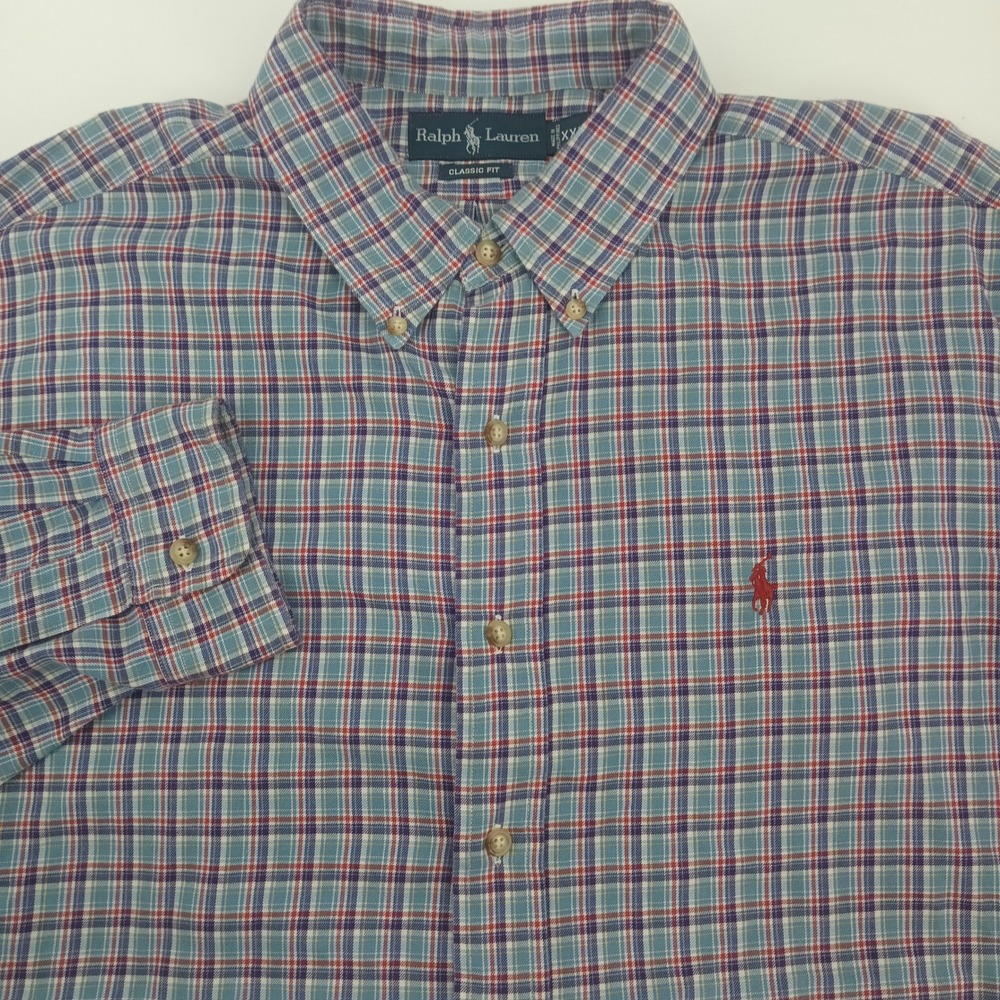 Ralph Lauren Classic Fit Plaid Button Down Shirt Mens‎ XXL Blue Red Long Sleeve